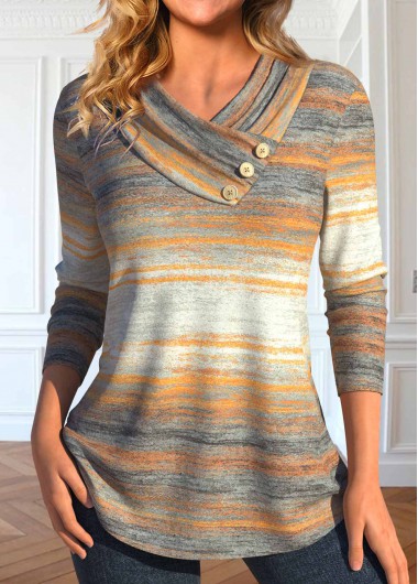 Modlily Multi Color Button Striped Long Sleeve T Shirt - M