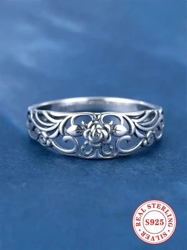 S925 Sterling Silver Elegant Flower Design Ring, 2024 New Style Fashion Accessories for Women & Girls, Trendy All-match & Exq...