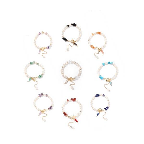 Natural Mixed Stone Chips & Pearl Beaded Bracelet with Enamel Lighting Bolt Charms