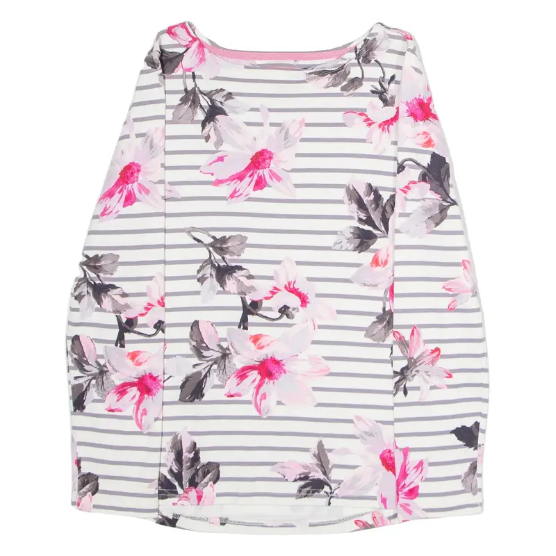 JOULES Striped Floral Womens T-Shirt White Long Sleeve UK 10