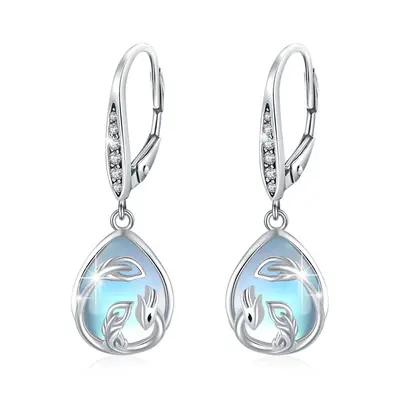 Sterling Silver Pear Shaped Moonstone Phoenix & Drop Shape Lever-back Earrings
