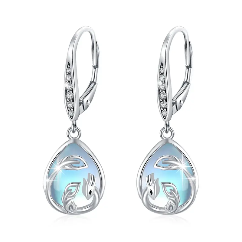 Sterling Silver Pear Shaped Moonstone Phoenix & Drop Shape Lever-back Earrings