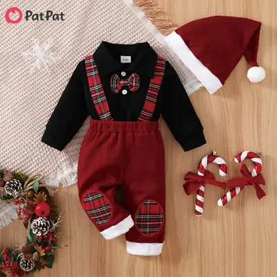 PatPat Christmas 3pcs Baby Boy 95% Cotton Long-sleeve Bow Tie Romper and Red Plaid Spliced Waffle Suspender Pants with Hat Se...
