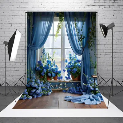 Aperturee Spring Blue Floral Curtain Window Scene Backdrop - Aperturee