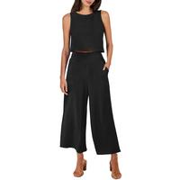ANRABESS Women's Summer 2 Piece Outfits Sleeveless Tank Crop Button Back Top Capri Wide Leg Pants Linen Set  Vacation Casual ...