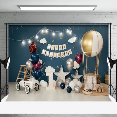 Dark Blue Hot Balloons Floor Cake Smash Backdrop - Aperturee