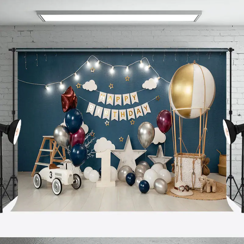 Dark Blue Hot Balloons Floor Cake Smash Backdrop - Aperturee