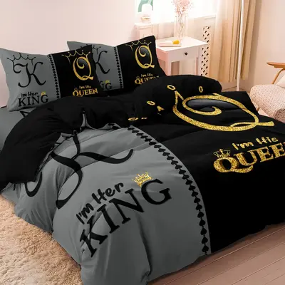 3pcs Royal Crown King & Queen Themed Bedding Set - 100% Polyester Microfiber, Breathable & All-Season, Machine Washable -（1...