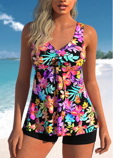 Modlily Drawstring Floral Print Multi Color Tankini Top - XL