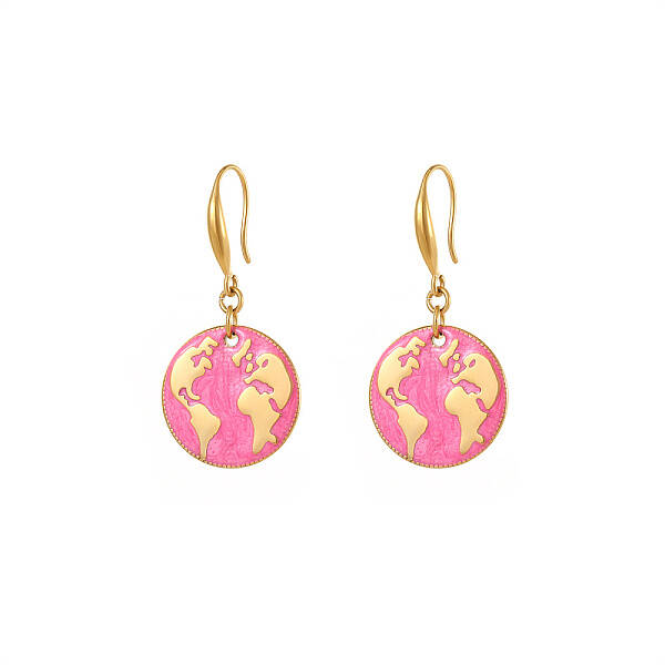 Golden Tone Stainless Steel Enamel Map Dangle Earrings for Women