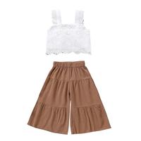2PCS Baby Girl Sleeveless Strap Lace Crop Vest Tops + Flared Wide-Leg Pants Toddler Summer Outfits Set Clothes