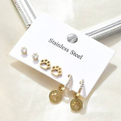 304 Stainless Steel Rhinestone Paw Print Earring Sets