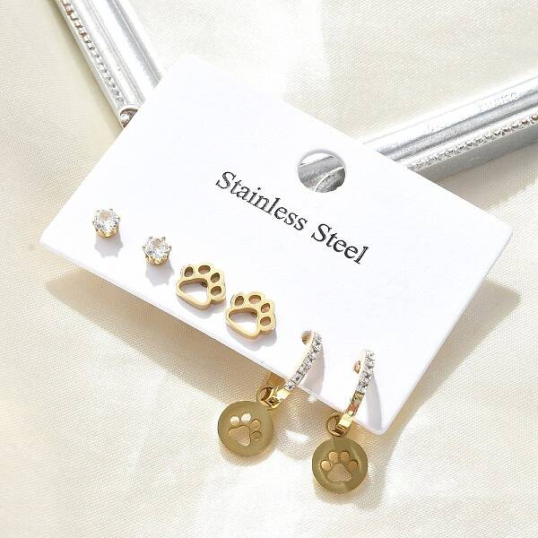 304 Stainless Steel Rhinestone Paw Print Earring Sets
