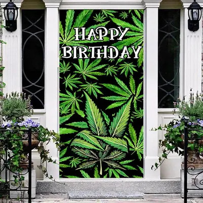 Spring Green Plant Leaves Happy Birthday Door Cover - Aperturee