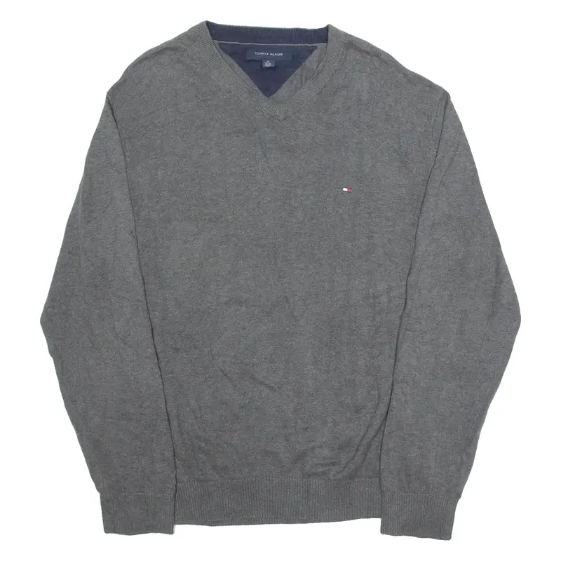 TOMMY HILFIGER Mens Jumper Grey V-Neck Tight Knit XL