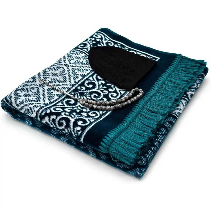 Prayer Mat All in One Set for Islam - Thick Muslim Prayer Rug, Black Kufi Hat, Jasper Stone 33 Prayer Beads, Cotton Travel Ca...