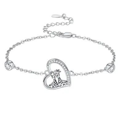 Sterling Silver Cubic Zirconia Giraffe & Heart Charm Bracelet