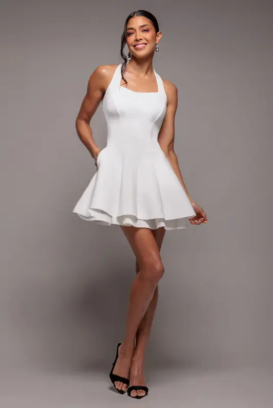 Goddiva Organza Frill Bow Back Halter Mini Dress - Cream