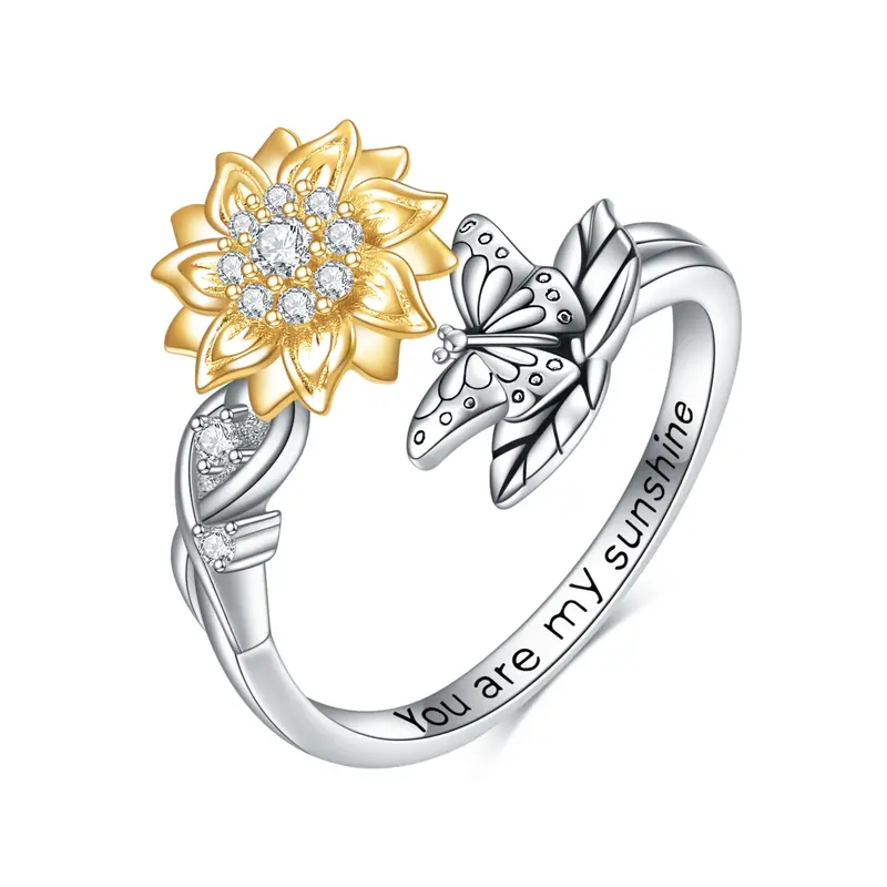 Sterling Silver Two-tone Round Shaped Cubic Zirconia Butterfly & Sunflower Spinner Ring with Engraved Word