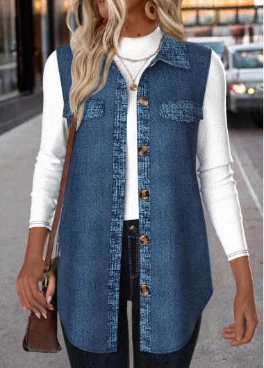 Modlily Denim Blue Patchwork Sleeveless Shirt Collar Waistcoat - L