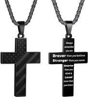 American Flag Cross Necklace for Men Stainless Steel Box Chain 22+2 inch Inspirational Bible Verse Cross Pendant Patriotic Je...
