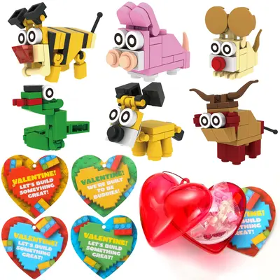 26pcs Building Blocks Animals Prefilled Hearts with Kids Valentines Cards 2025 Valentine Exchange Cards