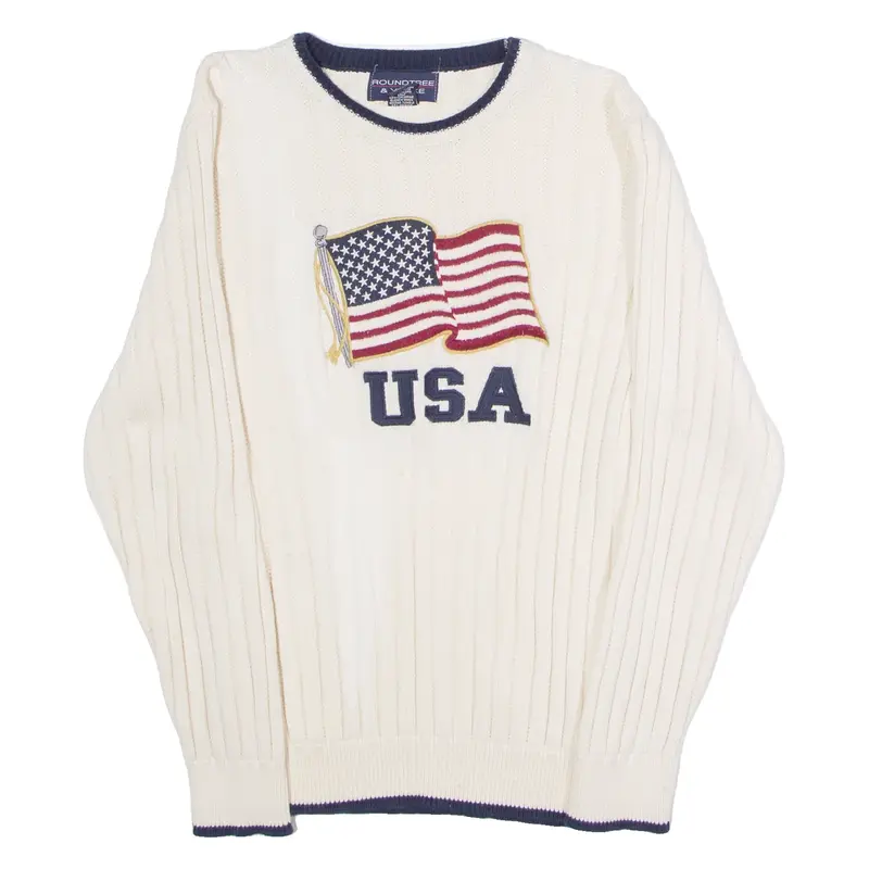 ROUNDTREE & YORKE USA Mens Jumper Cream Crew Neck 90s Tight Knit S