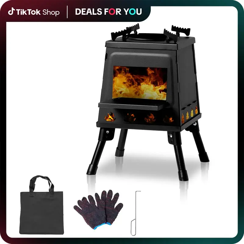 Wood Burning Camp Stove, Portable Camping Wood Stove, Black Woodstove with Carrying Case for Backpacking Outdoor Cooking