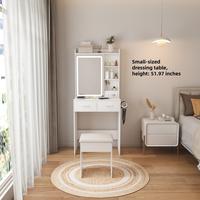 Modern Mini Dressing Table，LED-lit Mirror & Hidden Storage,Padded Stool,Adjustable Brightness Vanity Desk,Multi-tier Dust-p...