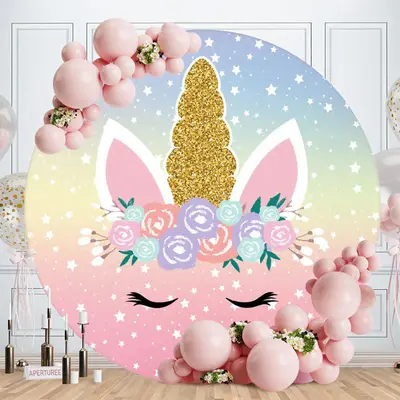 Aperturee Cute Unicorn Floral Stars Birthday Round Backdrops for Girls
