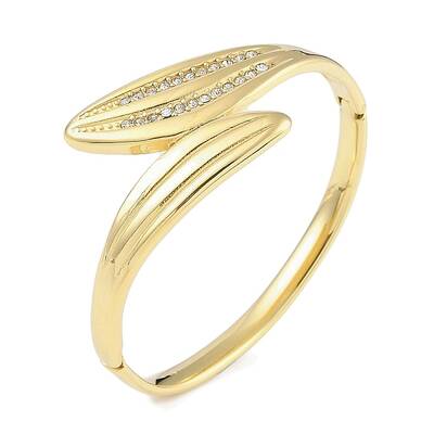 304 Stainless Steel Rhinestone Leaf Hinged Bangles for Women