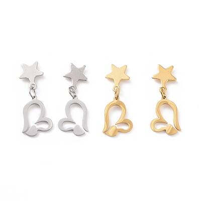 Valentine's Day Heart with Star 304 Stainless Steel Dangle Stud Earrings for Women