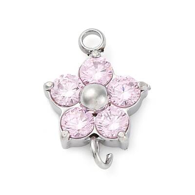 304 Stainless Steel Micro Pave Cubic Zirconia Flower Connector Charms