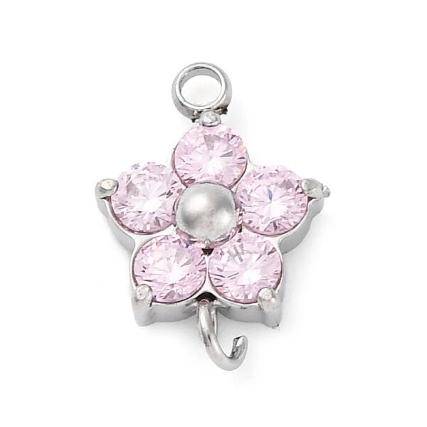 304 Stainless Steel Micro Pave Cubic Zirconia Flower Connector Charms