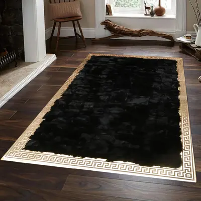 Black Rex Rabbit Fur Rug with Gold Border
