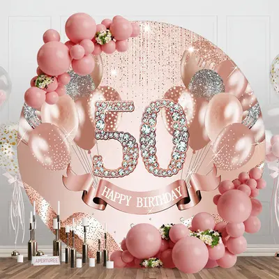 Rose Pink Balloon Round 50th Birthday Party Backdrop - Aperturee