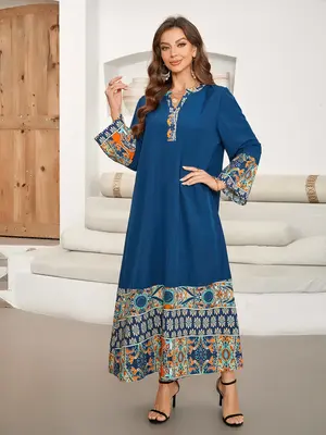 Muslim Printed Patchwork Long V Neck Elegant Mid-Length Sleeve Dress, Loose-Fit Woven Fabric, All Seasons Wear, Middle Easter...