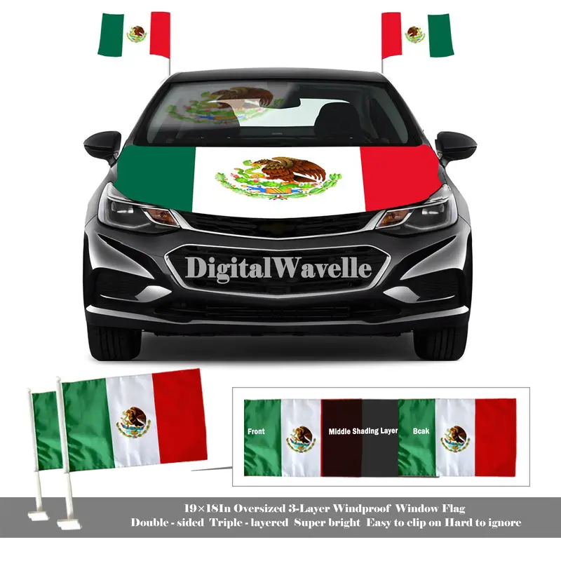 Patriotic Mexico Car Hood Cover (4×5ft) , Select Set Or One Hood Cover, Or 2 Mexico Window Flags (19×18in), Bandera para Ca...