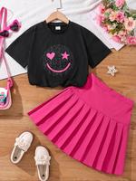 Girl's Star Print Tee & Plain Skirt Two-piece Set, Cute Casual Short Sleeve T-shirt & Pleated Skirt for Daily Wear, Kids Summ...