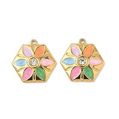 304 Stainless Steel Enamel Rhinestone Flower Pendants