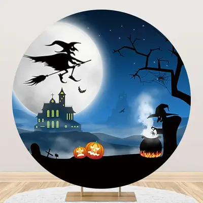 Witch Moon Night Castle Round Halloween Backdrop