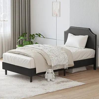 LIKIMIO Upholstered Platform Twin Bed Frame with Nailhead Trim Headboard, Height Adjustable, No Box Spring Needed, Noise-Free...