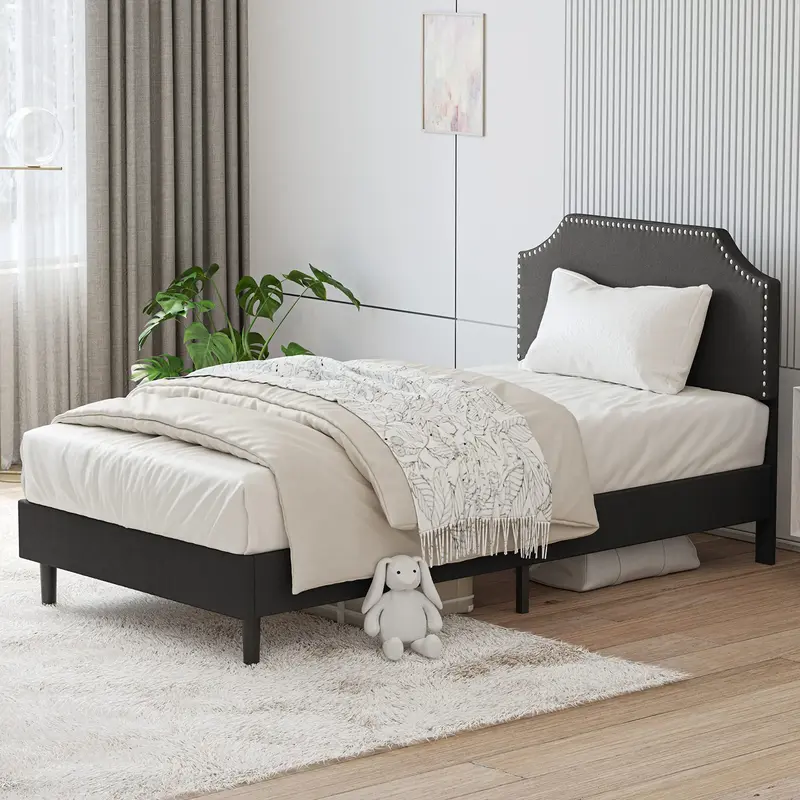 LIKIMIO Upholstered Platform Twin Bed Frame with Nailhead Trim Headboard, Height Adjustable, No Box Spring Needed, Noise-Free...