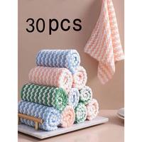 30pcs Household Wave-Patterned Dishwashing Cloth, Thickened Coral Fleece Non-Stick Oil Slouchy Cleaning Cloth, Random Color