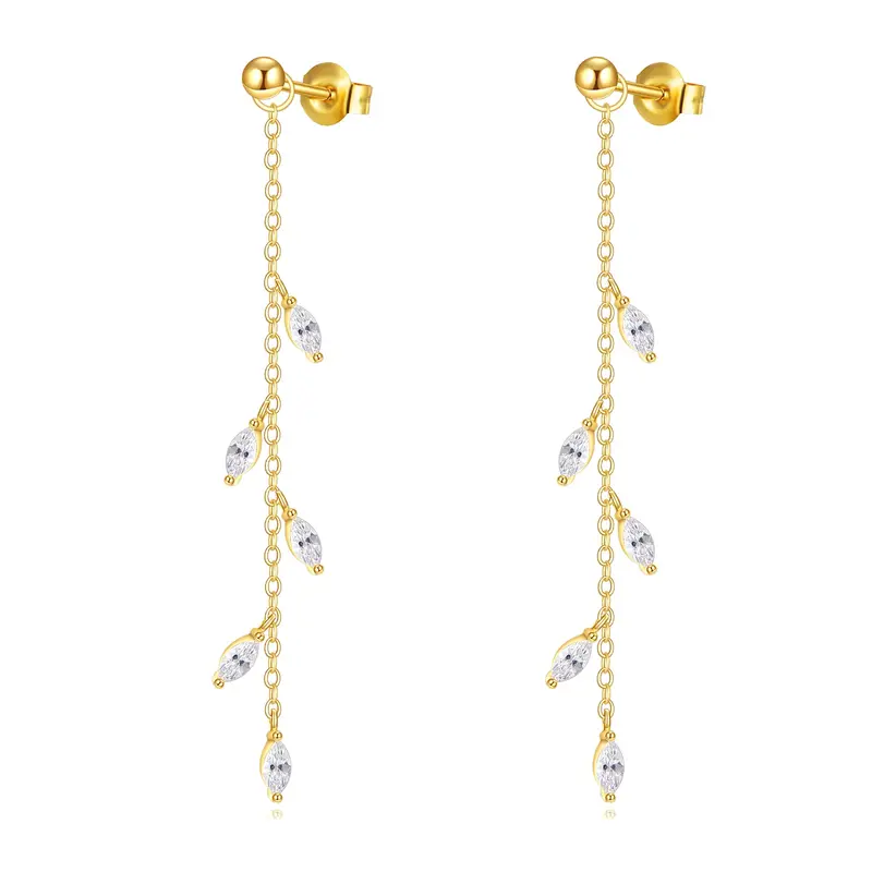 14K Gold Cubic Zirconia Leaves Drop Earrings