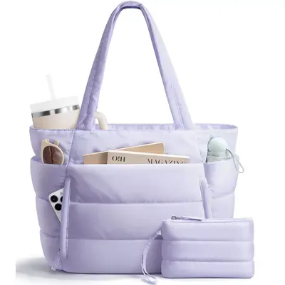 Bagstellar Puffer Tote Bag for Women, Large Work Tote Laptop Bag, Lightweight Travel Tote Bag with Zipper Gifts for Women Tea...