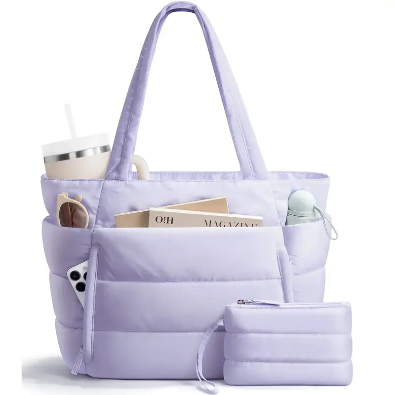 Bagstellar Puffer Tote Bag for Women, Large Work Tote Laptop Bag, Lightweight Travel Tote Bag with Zipper Gifts for Women Tea...