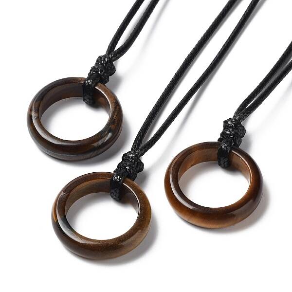 Natural Tiger Eye Ring Pendant Necklace with Waxed Cords
