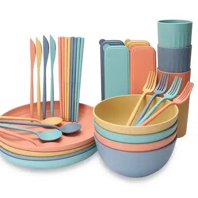 Portable Tableware Set, 32pcs Including Bowl, Plate, Cup, Spoon, Fork, Knife, Chopstick & Cutlery Storage Case, Unbreakable T...