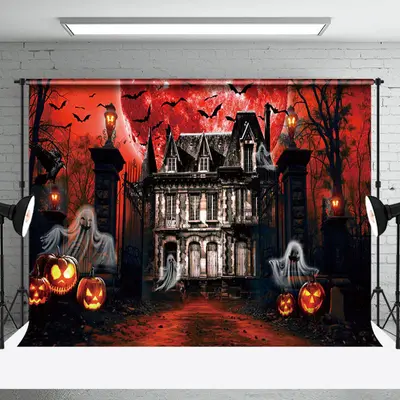 Ghost Manor Moon Night Red Horror Moon Halloween Backdrop
